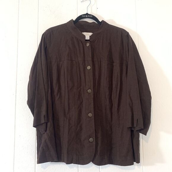 CJ Banks Womens 1X XL Jacket Linen Blend Button Up Brown 3/4 Sleeve Pockets - Picture 1 of 8